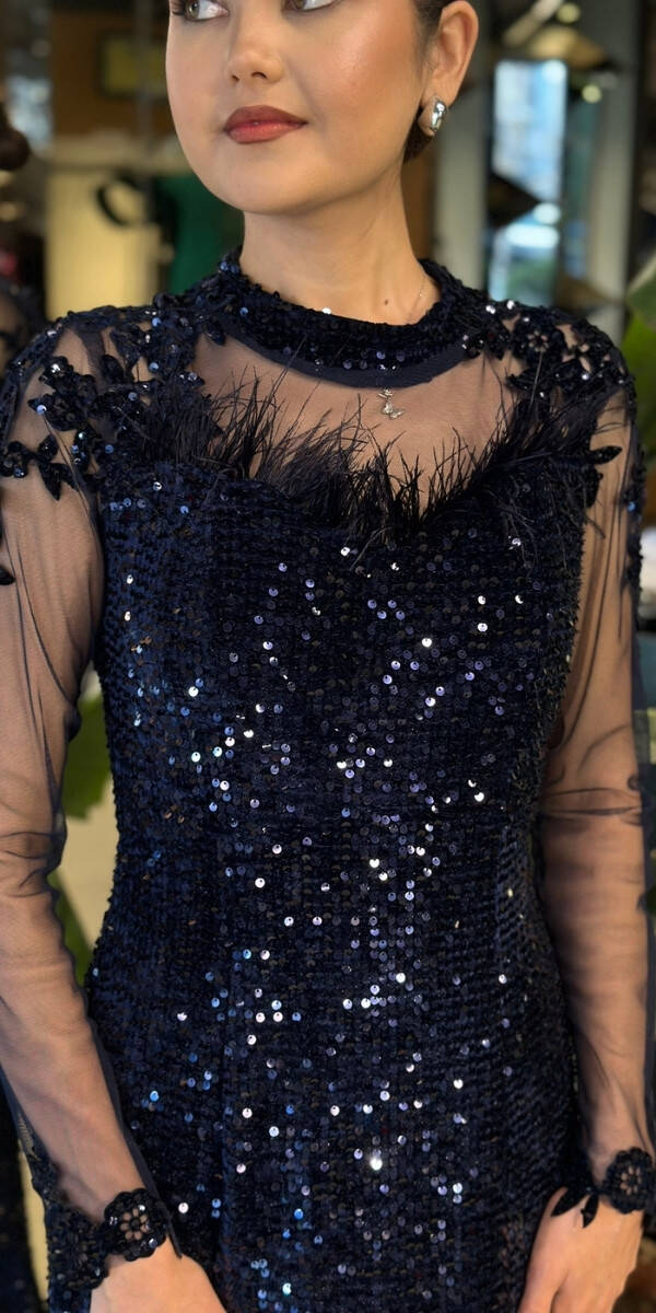 Lacivert Yuvarlak Yaka Uzun Kollu Tuy Detaylı Balık Etekli Pul Payet Uzun Abiye Elbise 11133-03 - 4