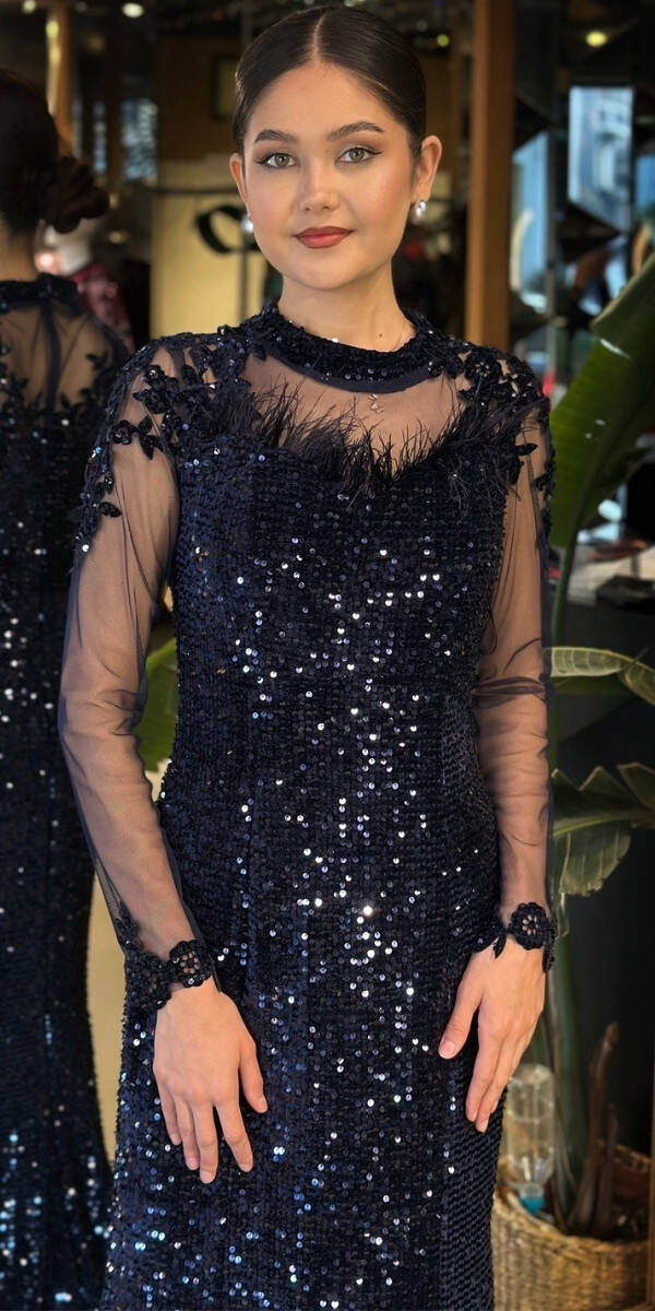 Lacivert Yuvarlak Yaka Uzun Kollu Tuy Detaylı Balık Etekli Pul Payet Uzun Abiye Elbise 11133-03 - 3