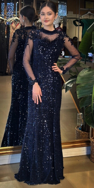 Lacivert Yuvarlak Yaka Uzun Kollu Tuy Detaylı Balık Etekli Pul Payet Uzun Abiye Elbise 11133-03 - abiyeniall