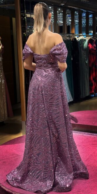 Lavanta Boncuk İşlemeli Madonna Yaka Kloş Etekli Simli Uzun Abiye Elbise 7547 - 5