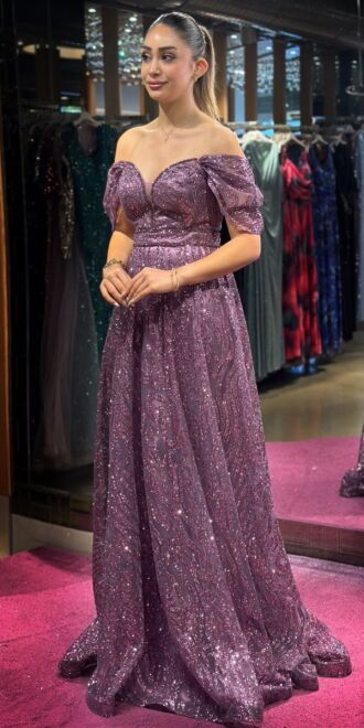 Lavanta Boncuk İşlemeli Madonna Yaka Kloş Etekli Simli Uzun Abiye Elbise 7547 - 3