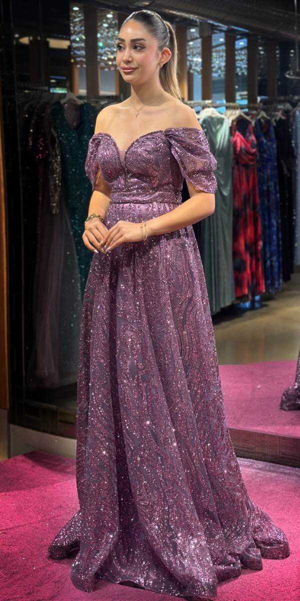 Lavanta Boncuk İşlemeli Madonna Yaka Kloş Etekli Simli Uzun Abiye Elbise 7547 - 3