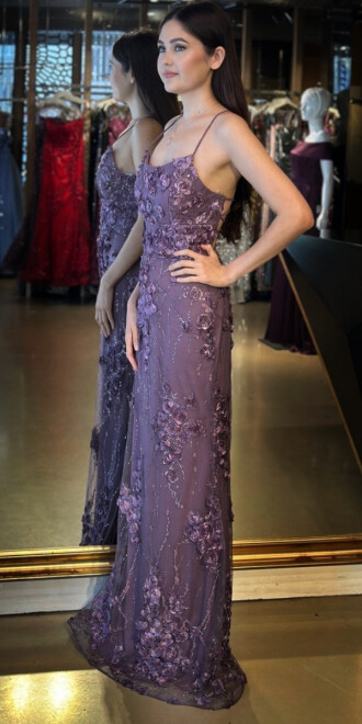 Lavanta İp Askılı Çiçek Detaylı Sırt Dekolteli Düz Kesim Tül Uzun Abiye Elbise 11060 - 2