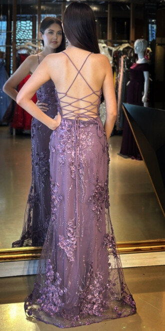 Lavanta İp Askılı Çiçek Detaylı Sırt Dekolteli Düz Kesim Tül Uzun Abiye Elbise 11060 - 5