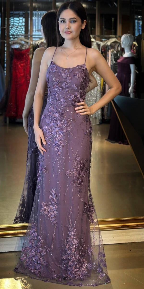 Lavanta İp Askılı Çiçek Detaylı Sırt Dekolteli Düz Kesim Tül Uzun Abiye Elbise 11060 - 1