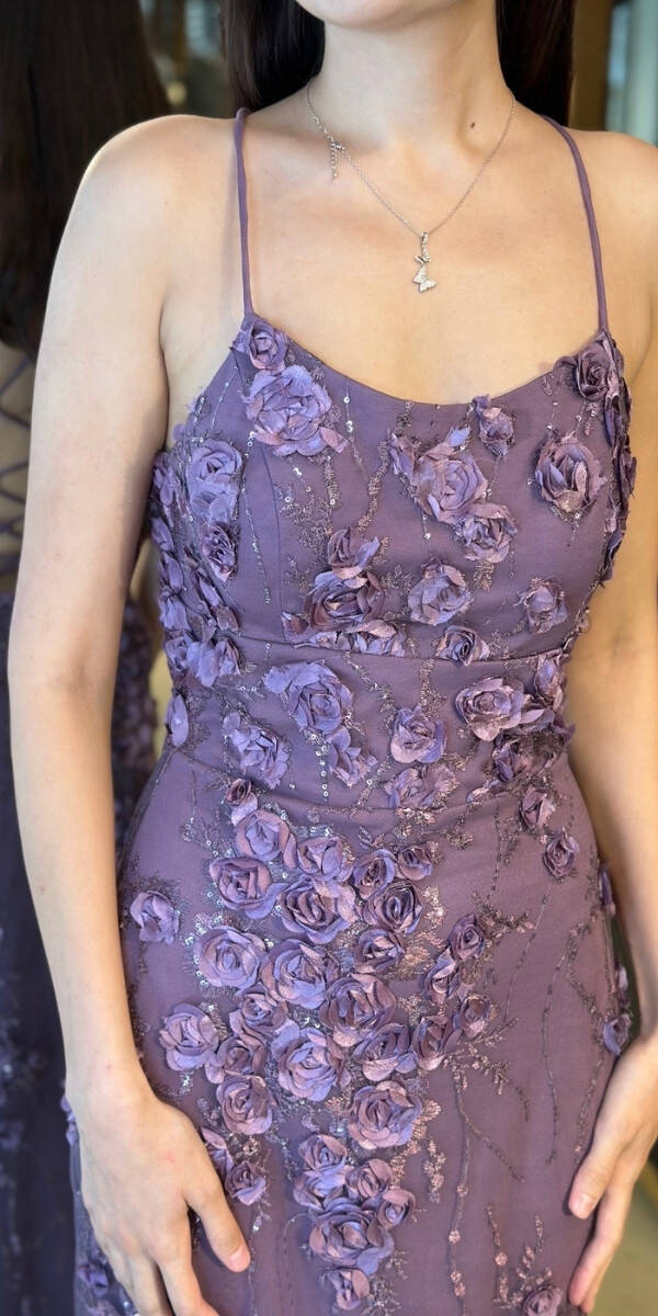 Lavanta İp Askılı Çiçek Detaylı Sırt Dekolteli Düz Kesim Tül Uzun Abiye Elbise 11060 - 4