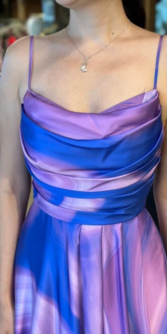 Lavanta Degaje Yaka İp Askılı Sırt Dekolteli Yırtmaçlı Kloş Desenli Uzun Abiye Elbise 11082-03 - 4