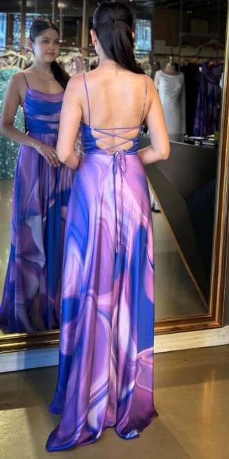 Lavanta Degaje Yaka İp Askılı Sırt Dekolteli Yırtmaçlı Kloş Desenli Uzun Abiye Elbise 11082-03 - 5