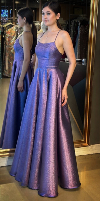 Lavanta İp Askılı Sırt Dekolteli Kloş Etekli Jakarlı Uzun Abiye Elbise 11058 - 2