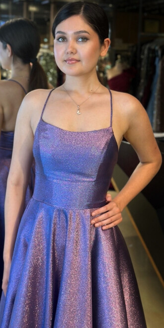 Lavanta İp Askılı Sırt Dekolteli Kloş Etekli Jakarlı Uzun Abiye Elbise 11058 - 3