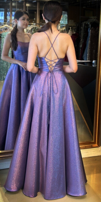 Lavanta İp Askılı Sırt Dekolteli Kloş Etekli Jakarlı Uzun Abiye Elbise 11058 - 5