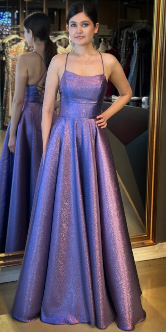 Lavanta İp Askılı Sırt Dekolteli Kloş Etekli Jakarlı Uzun Abiye Elbise 11058 