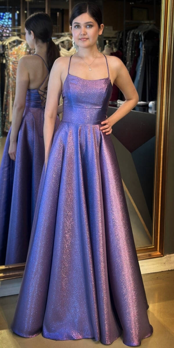 Lavanta İp Askılı Sırt Dekolteli Kloş Etekli Jakarlı Uzun Abiye Elbise 11058 - 1