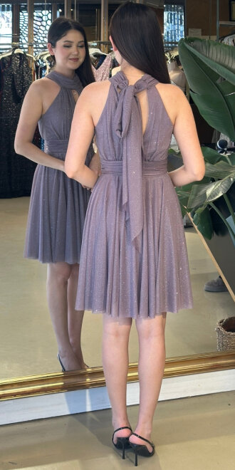 Lavanta Sırt Dekolteli Kloş Etekli Simli Kumaş Kısa Abiye Elbise 6710 - 2