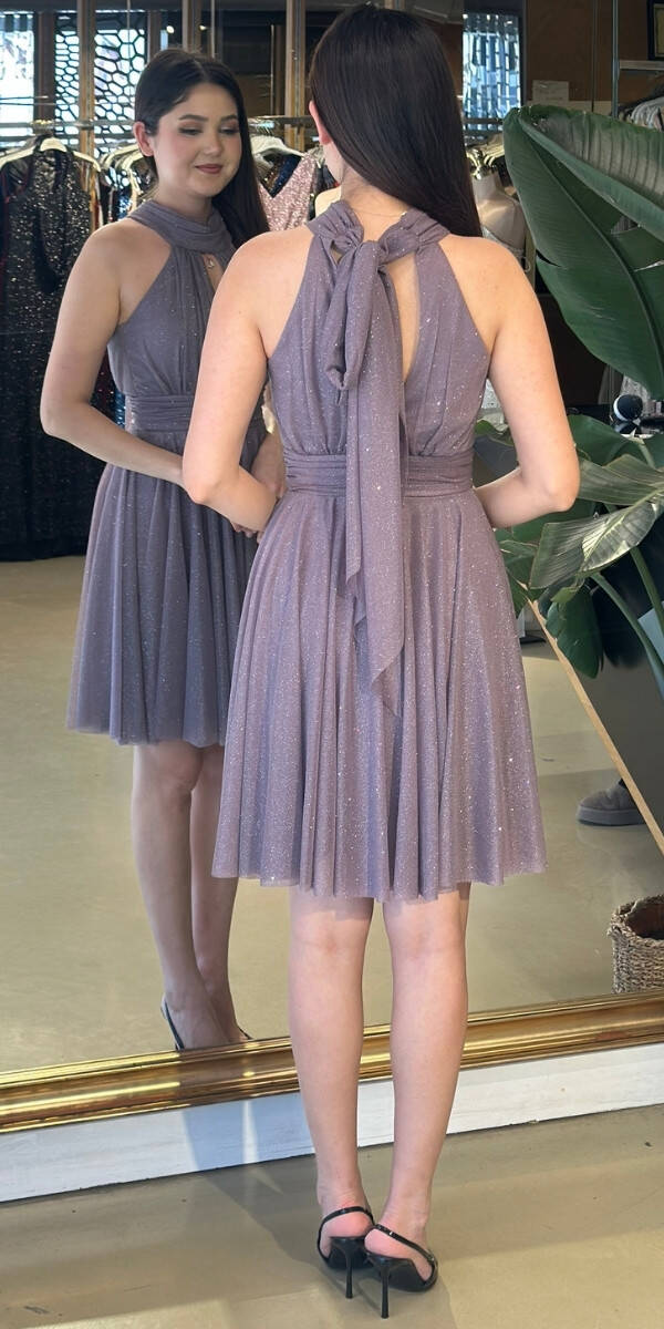 Lavanta Sırt Dekolteli Kloş Etekli Simli Kumaş Kısa Abiye Elbise 6710 - 2