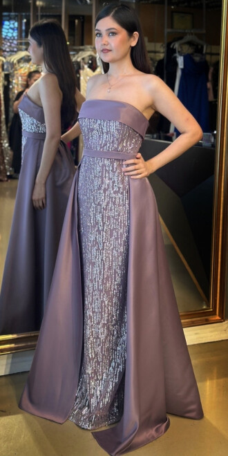 Lavanta Straplez Yaka Çıkarılabilir Kuyruklu Düz Kesim Simli Uzun Abiye Elbise 7699 - abiyeniall