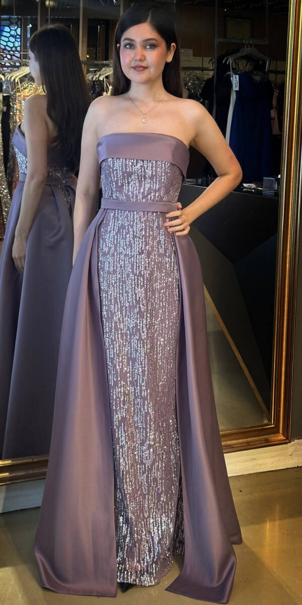 Lavanta Straplez Yaka Çıkarılabilir Kuyruklu Düz Kesim Simli Uzun Abiye Elbise 7699 - 2