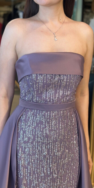 Lavanta Straplez Yaka Çıkarılabilir Kuyruklu Düz Kesim Simli Uzun Abiye Elbise 7699 - 4