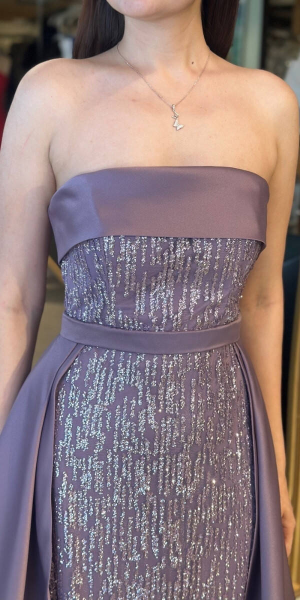 Lavanta Straplez Yaka Çıkarılabilir Kuyruklu Düz Kesim Simli Uzun Abiye Elbise 7699 - 4