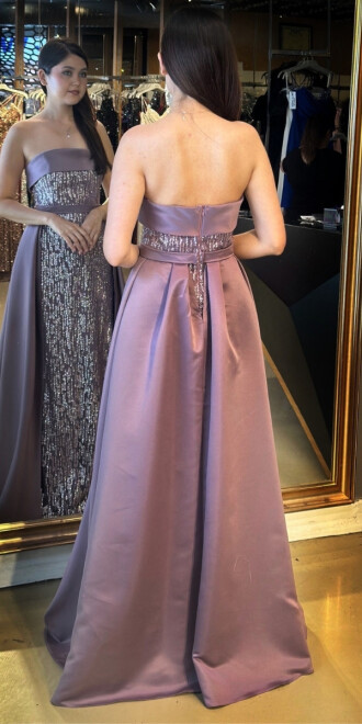 Lavanta Straplez Yaka Çıkarılabilir Kuyruklu Düz Kesim Simli Uzun Abiye Elbise 7699 - 5