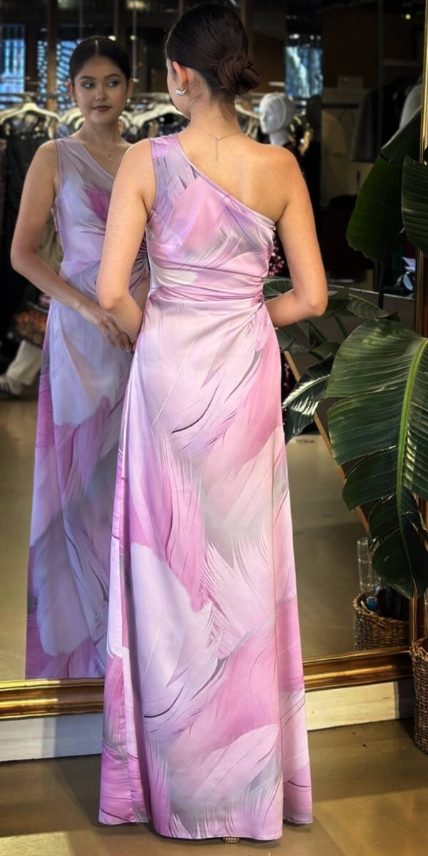 Lavanta Tek Kollu Bel Dekolteli Kloş Etekli Saten Uzun Abiye Elbise 11077-01 - 5