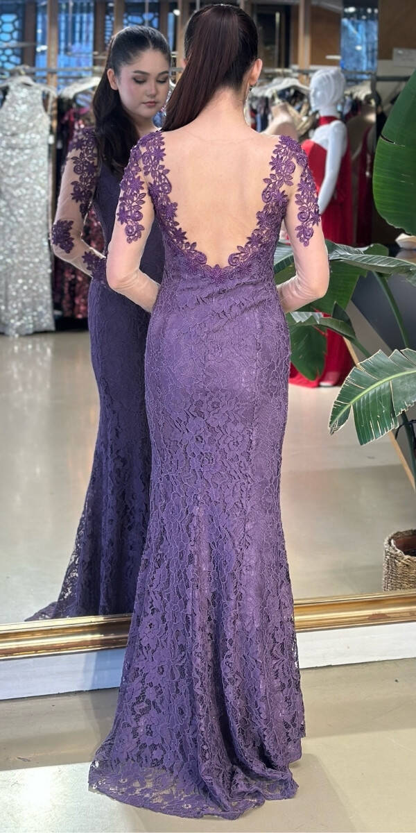 Lavanta Uzun Kollu Dantel Detaylı Sırt Dekolteli Balık Etekli Dantel Uzun Abiye Elbise 7001 - 2