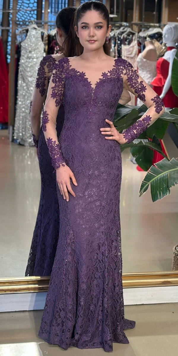 Lavanta Uzun Kollu Dantel Detaylı Sırt Dekolteli Balık Etekli Dantel Uzun Abiye Elbise 7001 - 1