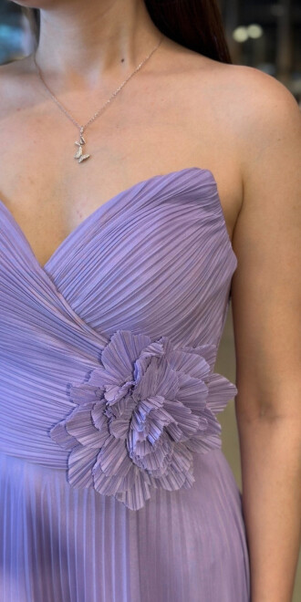 Lila Straplez Yaka Çiçek Detaylı Kloş Etekli Tül Uzun Abiye Elbise 11003 - 4