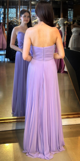 Lila Straplez Yaka Çiçek Detaylı Kloş Etekli Tül Uzun Abiye Elbise 11003 - 5