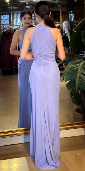 Lila Halter Yaka Yırtmaçlı Düz Kesim Likralı Tül Uzun Abiye Elbise 11084-13 - 5