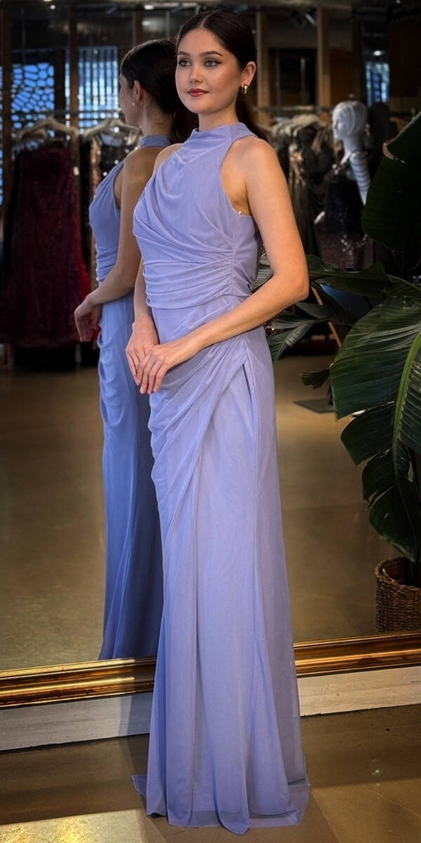 Lila Halter Yaka Yırtmaçlı Düz Kesim Likralı Tül Uzun Abiye Elbise 11084-13 - 2