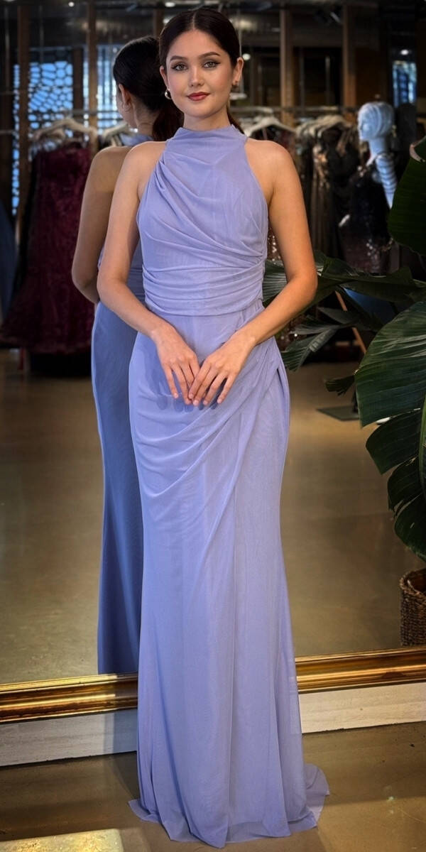 Lila Halter Yaka Yırtmaçlı Düz Kesim Likralı Tül Uzun Abiye Elbise 11084-13 - 1