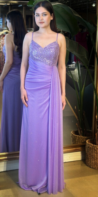 Lila İp Askılı Düz Kesim Simli Uzun Abiye Elbise 7767 - 1