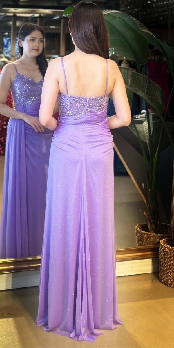 Lila İp Askılı Düz Kesim Simli Uzun Abiye Elbise 7767 - 4