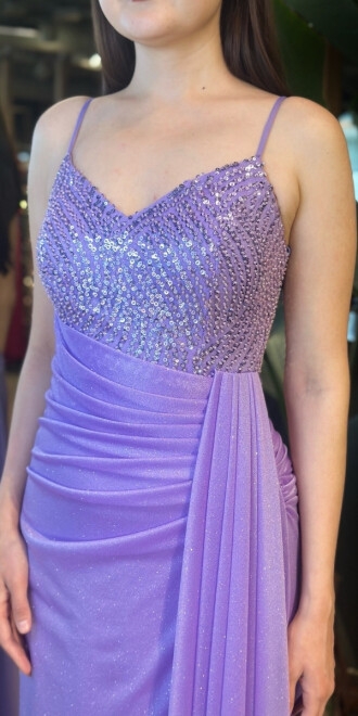 Lila İp Askılı Düz Kesim Simli Uzun Abiye Elbise 7767 - 3