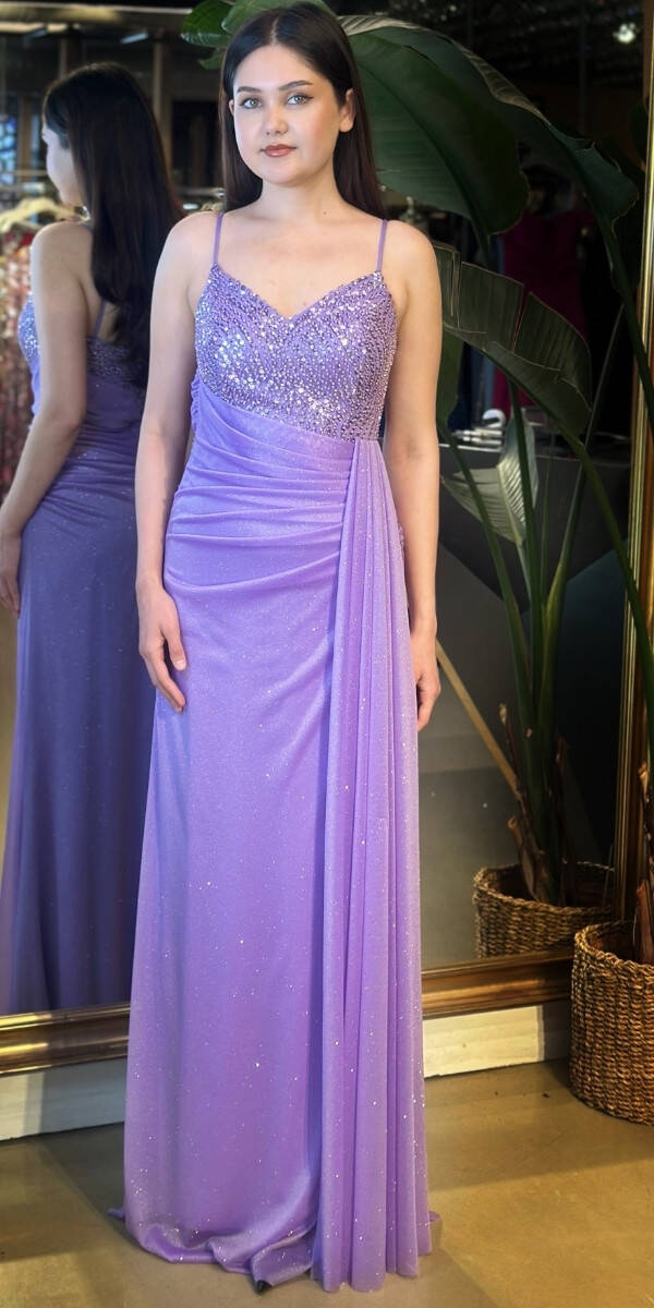 Lila İp Askılı Düz Kesim Simli Uzun Abiye Elbise 7767 - 1