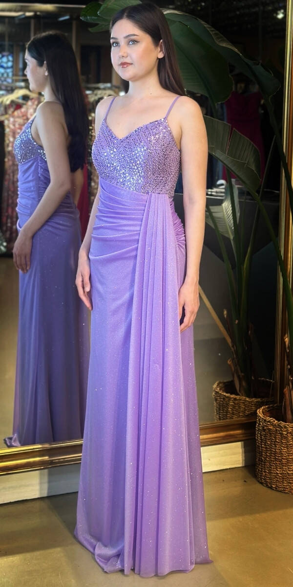 Lila İp Askılı Düz Kesim Simli Uzun Abiye Elbise 7767 - 2