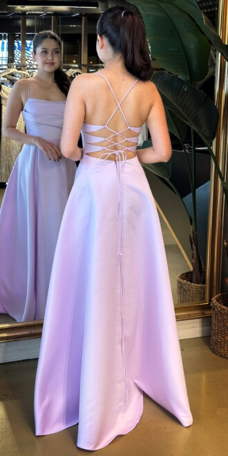 Lila İp Askılı Sırt Dekolteli Kloş Etekli Saten Uzun Abiye Elbise 7764 - 5