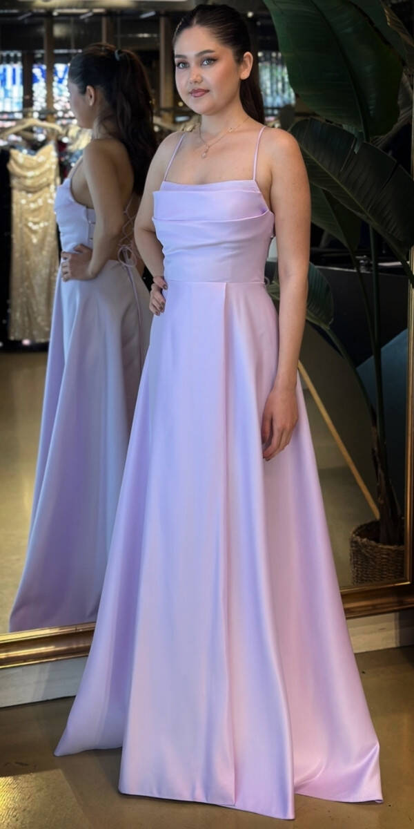 Lila İp Askılı Sırt Dekolteli Kloş Etekli Saten Uzun Abiye Elbise 7764 - 1