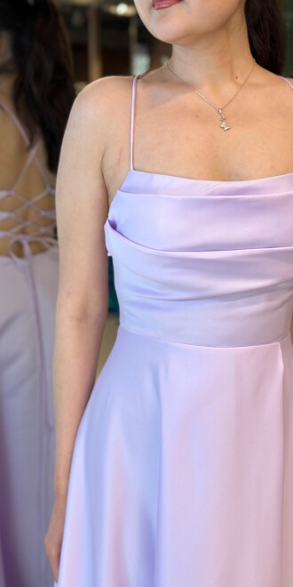 Lila İp Askılı Sırt Dekolteli Kloş Etekli Saten Uzun Abiye Elbise 7764 - 4