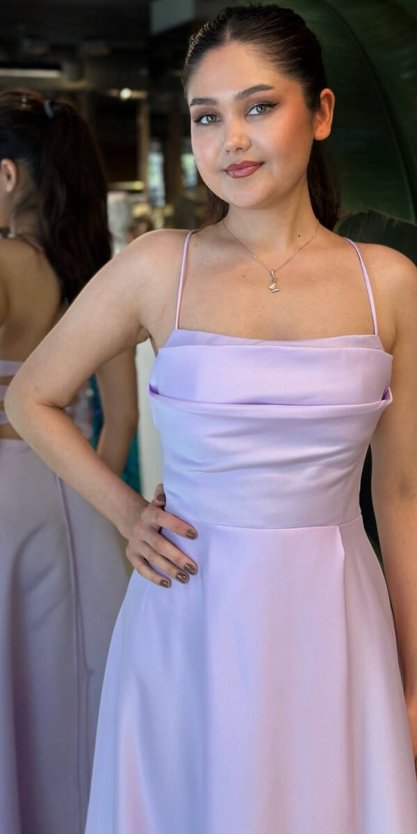 Lila İp Askılı Sırt Dekolteli Kloş Etekli Saten Uzun Abiye Elbise 7764 - 3