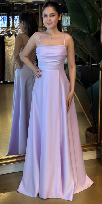 Lila İp Askılı Sırt Dekolteli Kloş Etekli Saten Uzun Abiye Elbise 7764 - 2