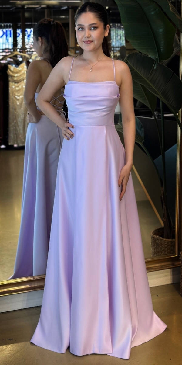 Lila İp Askılı Sırt Dekolteli Kloş Etekli Saten Uzun Abiye Elbise 7764 - 2
