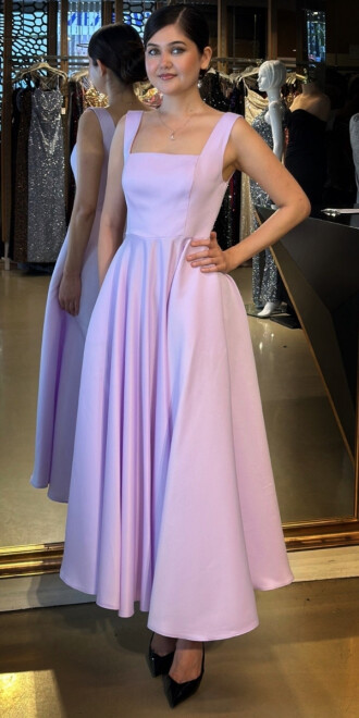 Lila Kalın Askı Kloş Etekli Saten Midi Abiye Elbise 7631 - abiyeniall