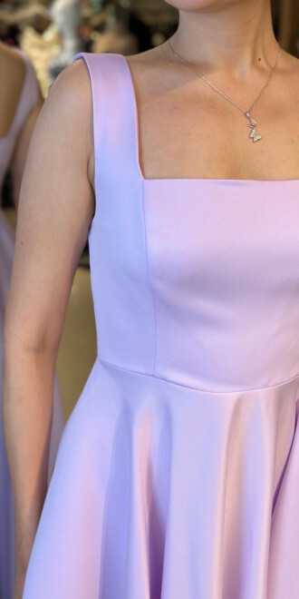 Lila Kalın Askı Kloş Etekli Saten Midi Abiye Elbise 7631 - 4