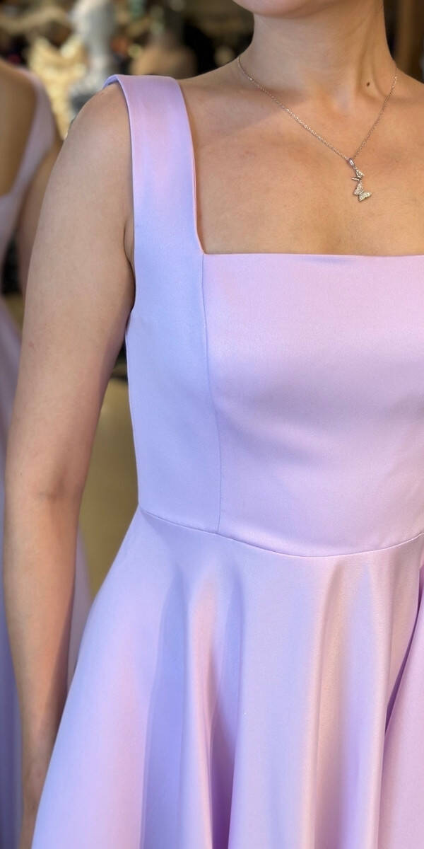 Lila Kalın Askı Kloş Etekli Saten Midi Abiye Elbise 7631 - 4