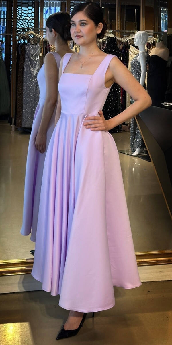 Lila Kalın Askı Kloş Etekli Saten Midi Abiye Elbise 7631 - 2