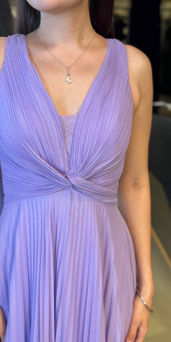 Lila Kalın Askı Sırt Dekolteli Kloş Etekli Şifon Tül Uzun Abiye Elbise 7645 - 4