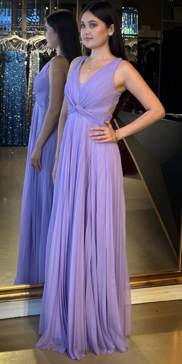 Lila Kalın Askı Sırt Dekolteli Kloş Etekli Şifon Tül Uzun Abiye Elbise 7645 - 2