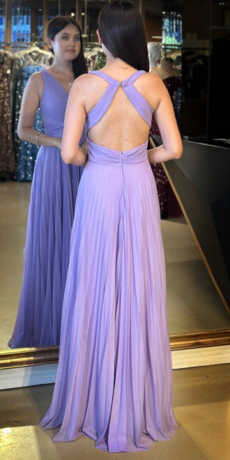 Lila Kalın Askı Sırt Dekolteli Kloş Etekli Şifon Tül Uzun Abiye Elbise 7645 - 5